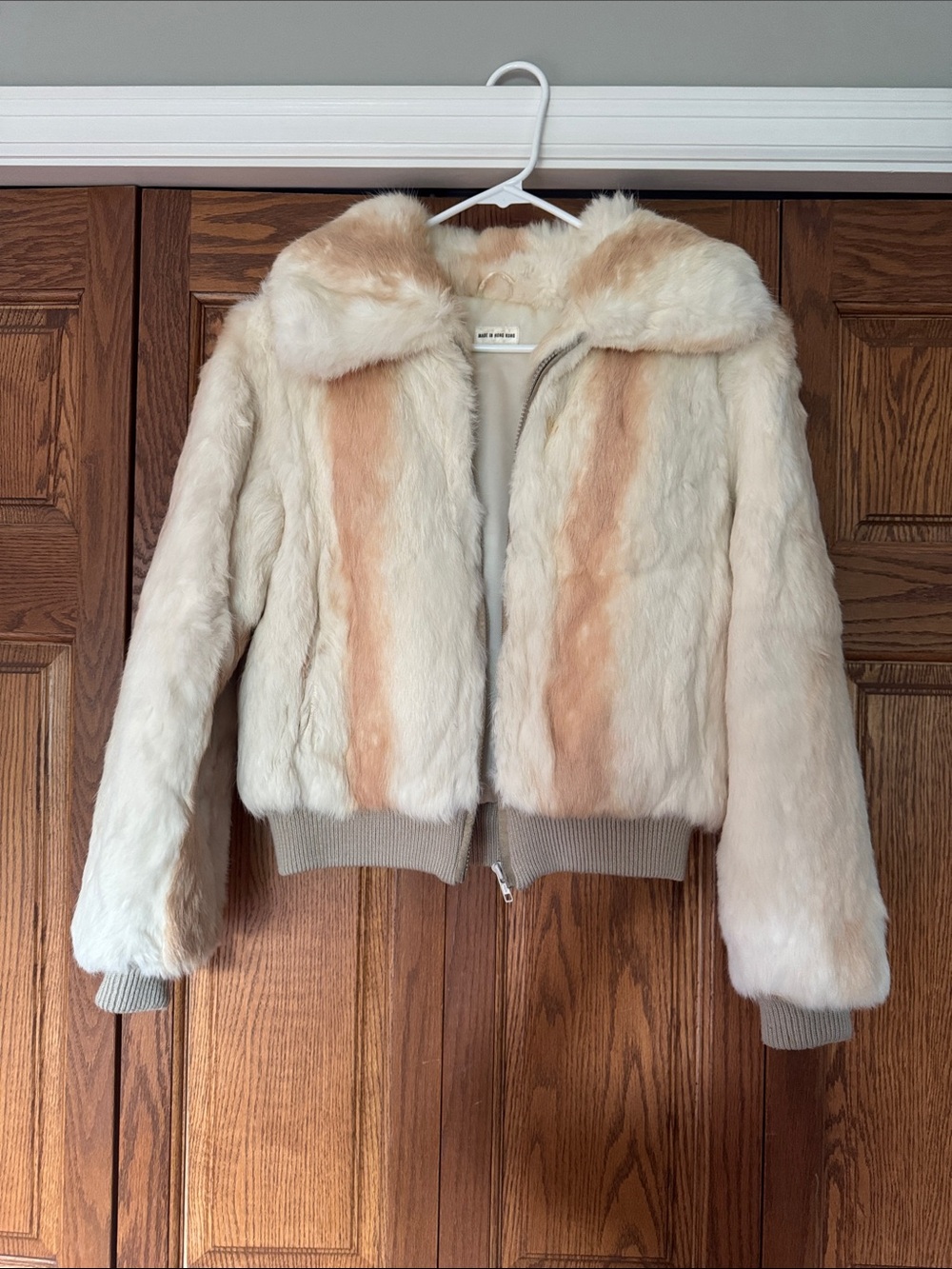 Rabbit Fur Bomber Jacket - Cream & Peach Accent